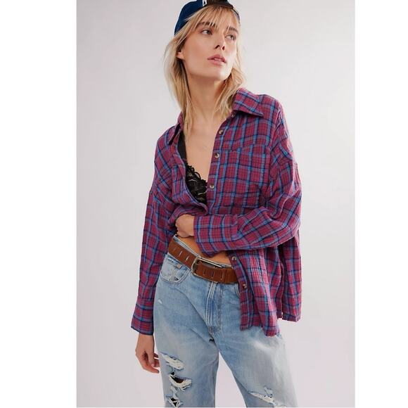 Free People Oversized Bohemian Grunge Fall Cardiff Plaid Swing Top Shirt Small - Picture 2 of 14